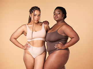 Image showing Portrait, beauty and black women with body positivity, skincare and self love isolated in a studio brown background. Shape, plus size and female models confident in underwear as wellness