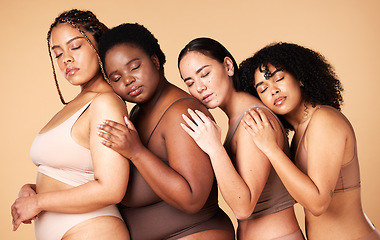 Image showing Beauty, body positivity women isolated on a studio background in skincare, self love and empowerment. Underwear, lingerie and diversity black people or international model, inclusion and self love