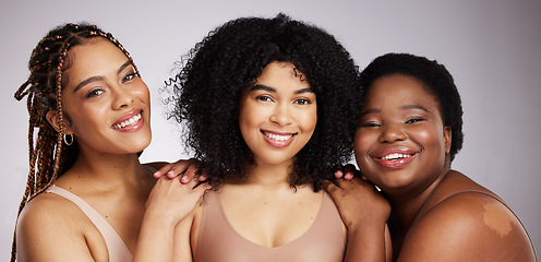 Image showing Women, diversity and studio portrait for inclusion, body positive friends and natural skincare beauty. Model, group and black woman for cosmetics, makeup and wellness with skin health by background