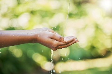 Image showing Hands, water and sustainability or cleaning for hydration, wash or hygiene in care, splash and wellness in nature. Hand of person washing in clean natural aqua liquid to prevent germs or remove dirt