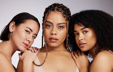 Image showing Women, diversity and studio portrait for beauty, support and trust with group for natural skincare. Model, asian and black woman with inclusion, makeup and friends with skin health by background