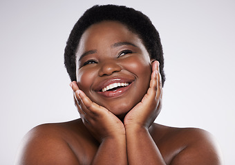 Image showing Skincare, black woman and cosmetics for beauty, dermatology and girl on grey studio background. African American female, lady and makeup for salon treatment, morning routine and grooming on backdrop