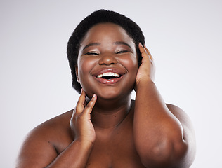Image showing Black woman, beauty and portrait of a young woman with skincare glow from dermatology. Facial, wellness and cosmetics with a model in isolated, gray background and studio laughing with happiness