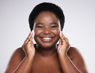 Image showing Black woman, skincare and studio portrait with cotton pad for cleaning, skin glow or wellness with smile. African model, cosmetics and makeup for dermatology, aesthetic or facial health for self care