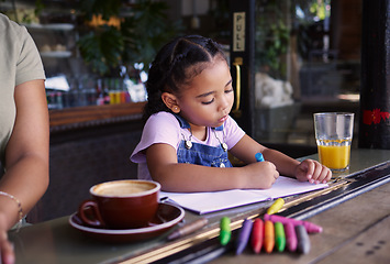 Image showing Girl child color in book at cafe, creative and drawing with crayons, family day to relax with learning and art in Atlanta. Young kid, growth and writing, education and creativity while at coffee shop