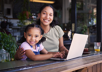 Image showing Portrait, black family in cafe and laptop for communication, weekend break and connection. Love, mother and daughter in coffee shop, search internet or website for online reading and bonding together