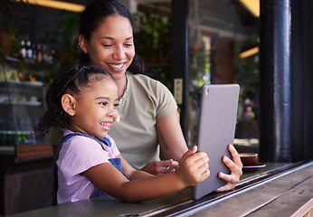 Image showing Video call, selfie and mother and girl with a tablet in a restaurant on social media, online and app at a coffee shop. Kid, daughter and child with woman on the internet for communication and talking