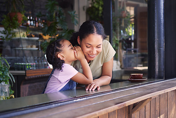 Image showing Secret, children and a black family in a coffee shop with a girl whispering in the ear of her mother. Kids, gossip and whisper with a secretive female child telling her mom a mystery in a cafe