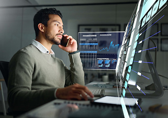 Image showing Dashboard, stock market hologram or man on a phone call talking about trading data or investment stocks. Future overlay or trader on digital ui or ux on fintech software for financial growth at night