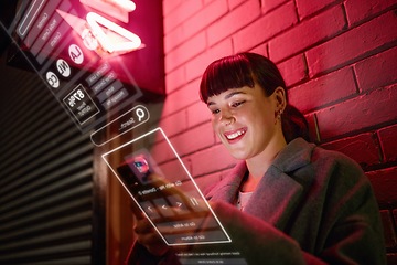 Image showing Interface, night and woman typing on a phone in city for social media, internet and online search. 5g, connection and girl with a smile for a mobile with a digital dashboard for the web in the dark