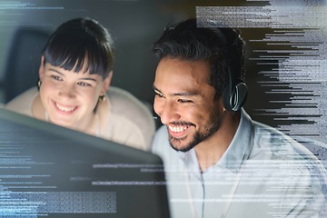 Image showing Man, woman and pc in night with overlay, smile and coaching for tech support, data analytics and web ux. Teamwork, learning and crm training with 3d hologram for collaboration, typing and innovation