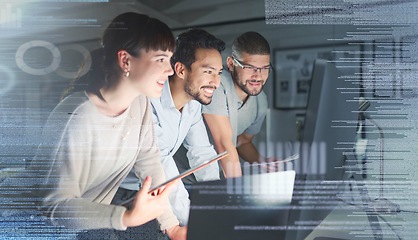 Image showing Business people, coding group and information technology with computer screen, programming and software development. Code overlay, futuristic and collaboration, meeting with programmer team in office
