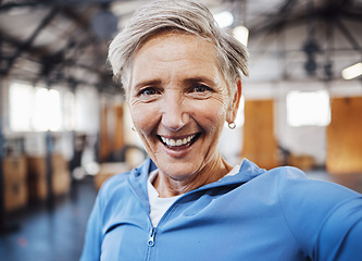 Image showing Selfie, smile and fitness senior woman taking picture in the gym after exercise, workout or training having fun. Elderly, old and portrait of fit female happy for wellness and health on social media