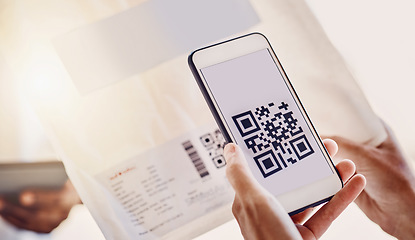 Image showing QR code, delivery and phone screen for payment, package distribution and invoice. Mobile connection, barcode and courier shipping from online shopping, supply chain and easy digital fintech logistics