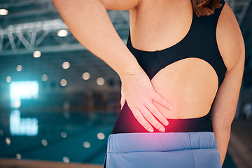 Image showing Spine pain, swimmer and woman by a pool with injury from exercise, workout and swim race. Back inflammation, muscle and backache of a young athlete with a swimming sports accident of training