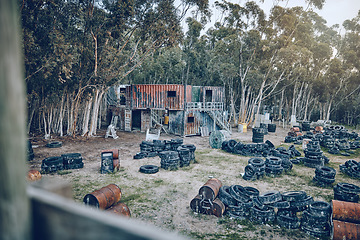 Image showing Paintball, no people and army workout ground in nature in the morning on a battlefield. Training, exercise and war game base for competition and fight games outdoor isolated for shooting on grass