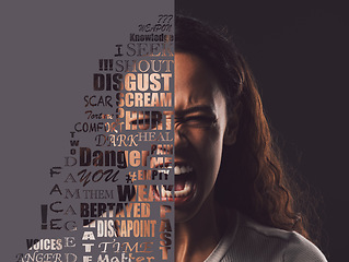 Image showing Angry, protest and quotes or words by woman shouting or screaming isolated against a studio black background. Frustrated, annoyed and portrait activist loud for mental health, depression and anxiety