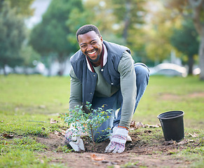 Image showing Environment, portrait and black man plant trees in park, garden and nature for sustainability. Community service, soil gardening and smile for volunteering, sustainable growth and happy green ecology