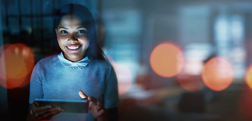 Image showing Woman, tablet and night in office for portrait with analytics, research and development of vision. Happy developer, mobile touchscreen tech and data analysis for web design with mockup, focus or goal