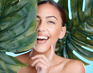 Image showing Beauty, plant leaf and portrait of woman face happy about natural dermatology, cosmetics and makeup. Person with spa green skincare product benefits for self care, skin glow and facial with a smile