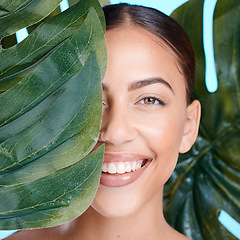 Image showing Skincare, plant leaf and portrait of woman face happy about natural dermatology cosmetics. Person with spa green nature beauty product benefits for self care, skin glow and facial with a smile