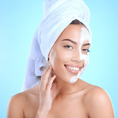 Image showing Face mask, beauty and portrait of a woman with skincare for dermatology blue background. Aesthetic model person with spa luxury detox cosmetic product for self care, skin glow and facial wellness