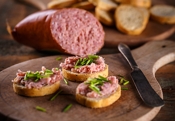 Image showing Bruschetta topped with teewurst