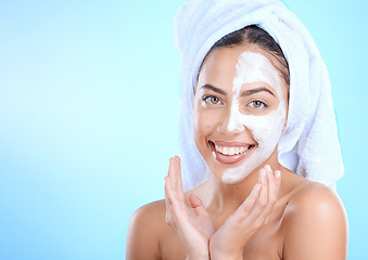 Image showing Beauty, face mask and skincare portrait of woman with mockup space for dermatology cosmetics. Aesthetic model person with spa facial advertising self care, skin glow and wellness on blue background