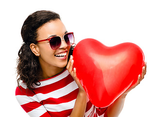 Image showing Woman, fun or balloon heart on isolated white background for valentines day, romance or love. Smile, happy or model face with inflatable romantic toy, trendy sunglasses or fashion clothes on mock up