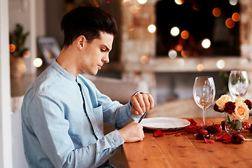 Image showing Date, watch and man waiting while in the restaurant for valentines day checking the time. Fine dining, late and upset guy by the table for a dinner reservation for anniversary or romantic event.