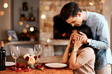 Image showing Love, man cover eyes of woman and wine for celebration, romance and loving together on Valentines day, happiness and excited. Romantic, female and male with surprise, date and happy for relationship