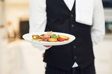 Image showing Plate, restaurant server and hand with food for luxury fine dining, nutrition and service in night. Waiter man, hospitality services and dinner at kitchen, diner and holding cuisine meal in workplace