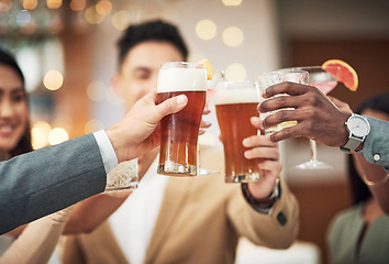 Image showing Happy, celebration and friends toast with alcohol beer, cocktail or glass drinks for fun friendship reunion. Social party event, restaurant and excited group of people celebrate and cheers at a bar