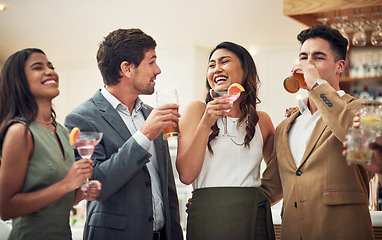 Image showing Friends with drinks, alcohol and relax, people together at work event or happy hour, social time with celebration. Laughter, fun and celebrate, cocktails and gathering with diversity in group