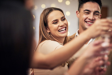 Image showing Couple, friends, cheers and celebration at restaurant party and happiness together for valentines day. Love, friendship and champagne toast, happy hour social event, people smile at pub drinks date.