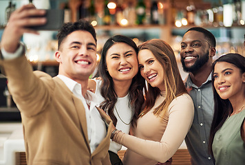 Image showing Group of people, event or party selfie in restaurant for luxury, formal night and happy love celebration. Profile picture, women or friends for valentines update or post on social media in diversity