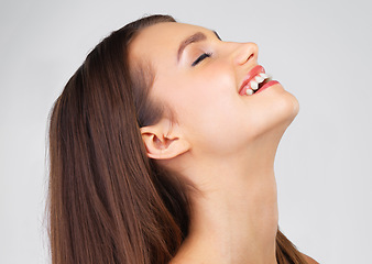 Image showing Skincare, laughing and model profile feeling happy about beauty, dermatology and anti aging. Neck treatment, detox and facial wellness of a young woman wit happiness from spa and skin care for face