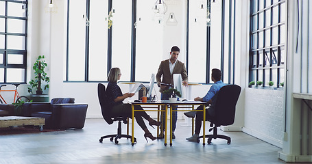 Image showing Business meeting, ceo and employees in executive office for planning and strategy discussion at architecture agency. Business people, architect and designer team with plan, creative vision and ideas.