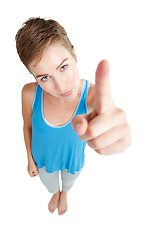 Image showing Portrait, top view and woman pointing to space, angry and lady isolated on white studio background. Face, female and girl with gesture for blame, upset and nagging with problems, frustrated and bossy