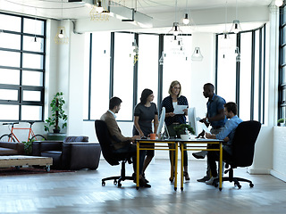 Image showing Business meeting, office team and accounting company collaboration at workplace. Finance employee group, work communication and working accountants planning with financial strategy data and teamwork