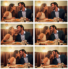 Image showing Collage kiss, eating and couple at a restaurant with food, affection and on a night date for love. Pasta, happy and composite of a man and woman at a fine dining table to celebrate valentines day