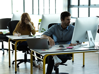 Image showing Business man, computer work and web designer planning a website layout in office. Content management, startup and employee on technology doing creative strategy design with tech software in a company