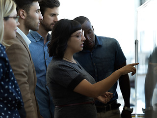 Image showing Creative business people, whiteboard and planning in brainstorming, schedule or strategy at office. Group of employee workers in teamwork, collaboration or project management for corporate startup