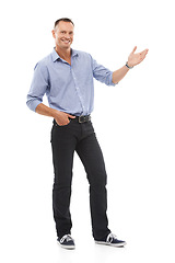 Image showing Take a look at this. Man, happy portrait and hand for mockup space for advertising logo, brand or promotion sale. Model person isolated on a white background for product placement and marketing.