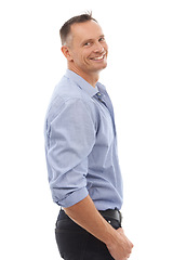 Image showing Portrait, business man and smile in studio isolated on a white background with vision, mission and success mindset. Boss, entrepreneur and happy, confident and proud mature male ceo from Canada.