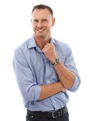 Image showing Smile, portrait and business man in studio isolated on a white background with success mindset, vision and mission. Entrepreneur goals, boss and confident, mature and happy male ceo from Canada.