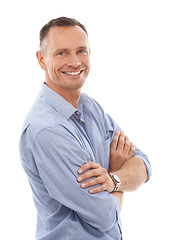 Image showing Arms crossed, pride and portrait of a man with confidence isolated on a white background in a studio. Smile, happiness and mature person with positivity, work vision and motivation on a backdrop