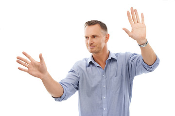 Image showing Man hands touch an invisible screen isolated on a white background for futuristic technology mockup. Corporate or business person with moving gesture for metaverse experience on digital mock up space