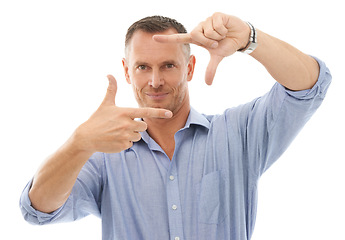 Image showing Man, hands and portrait smile with frame for perfect picture isolated on a white studio background. Happy male framing face with fingers for photo moment, profile or capturing facial expression