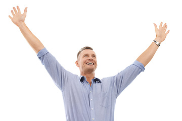 Image showing Winning man and arms up isolated on a white background with success or excited for bonus, sales and profit. Business professional, person or worker with yes, celebration or freedom in studio mockup